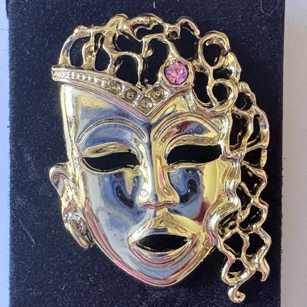 Gold-tone Thai Mask with Pink Australian Crystal Pin